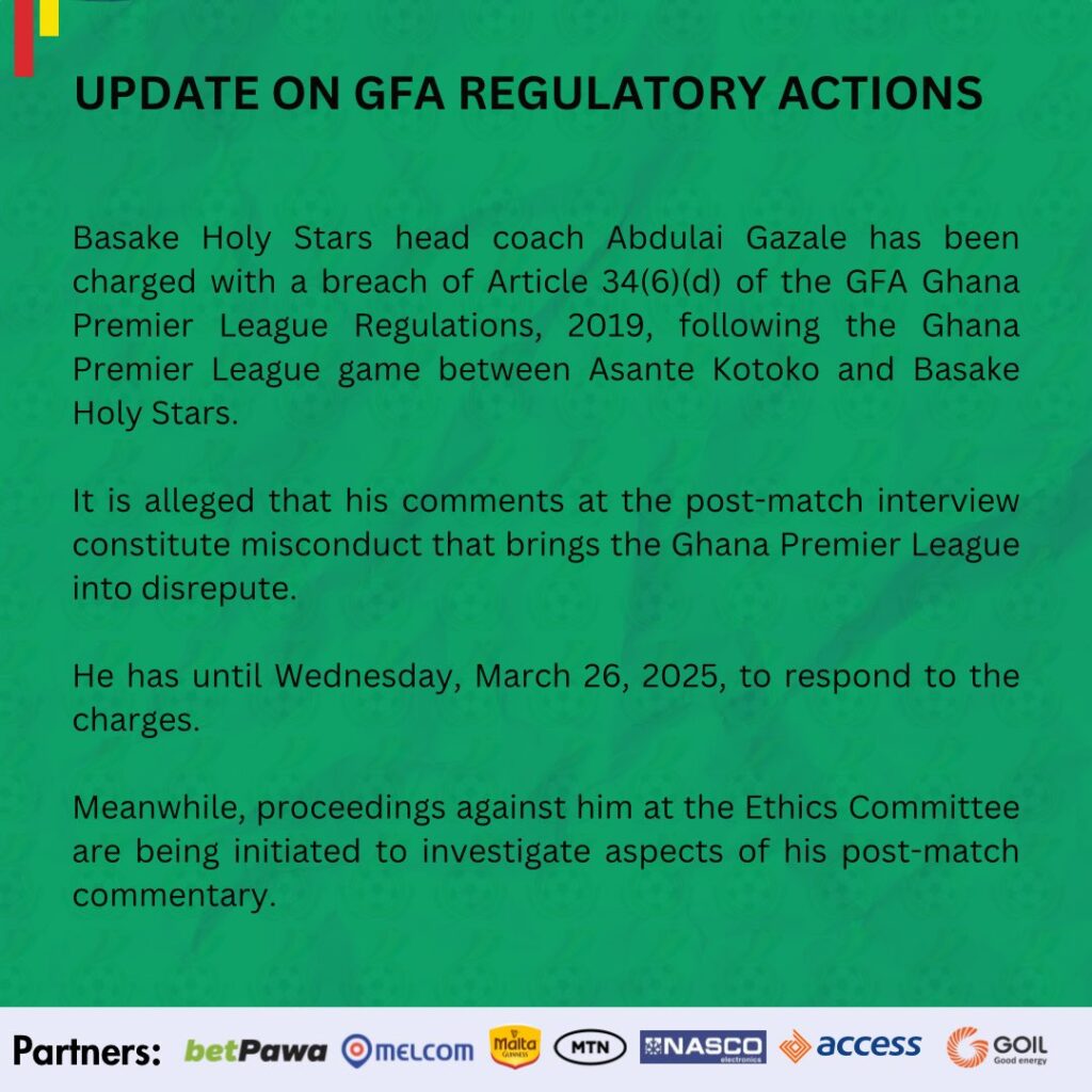 Gazale charged by disciplinary commitee of the GFA