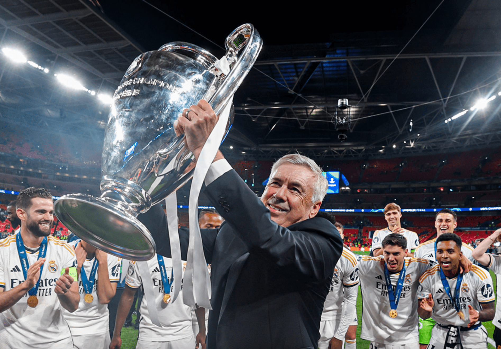 Carlo Ancelotti winning the UCL with Real Madrid in 2024