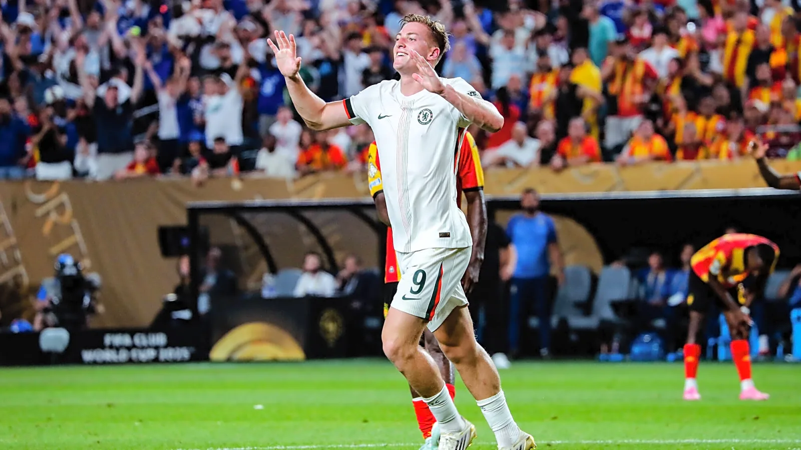 Liam Delap celebrates his scoring his first Chelsea goal in th CWC
