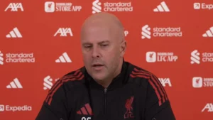 Arne Slot speaking to the press after 4-1 loss to PSV