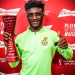 Mohammed Kudus with the Player of the Match trophy after his brace vs South Korea at the 2022 World Cup.