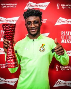 Mohammed Kudus with the Player of the Match trophy after his brace vs South Korea at the 2022 World Cup.