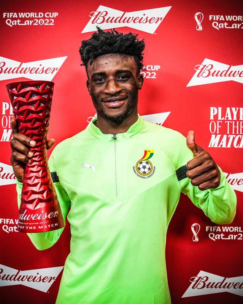 Mohammed Kudus with the Player of the Match trophy after his brace vs South Korea at the 2022 World Cup.