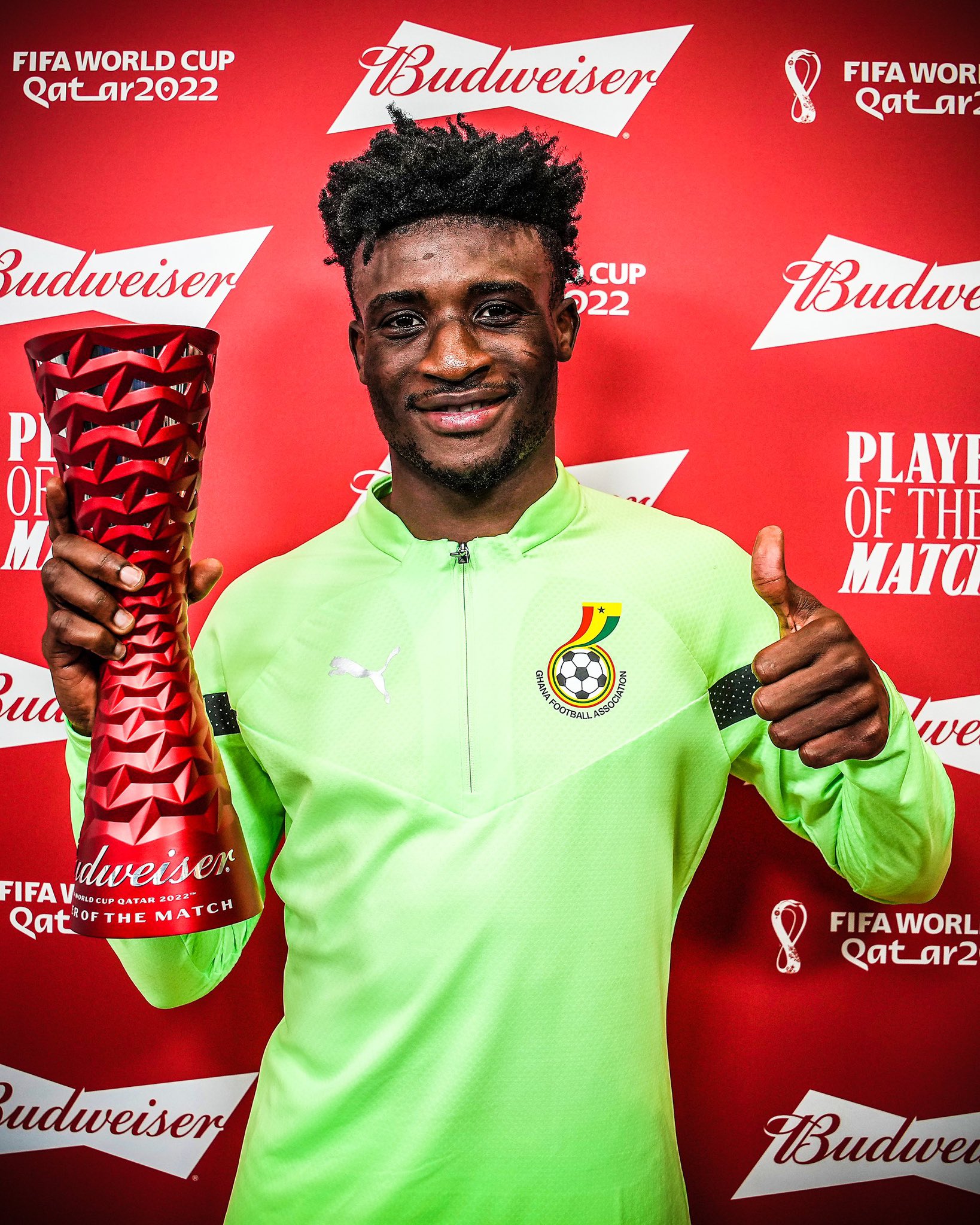 Mohammed Kudus with the Player of the Match trophy after his brace vs South Korea at the 2022 World Cup.
